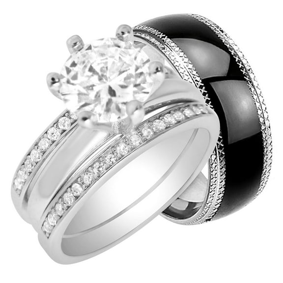His & Her Sterling Silver 1 Carat CZ Bridal Set & Men's Black Wedding Band Hers 5 His 9