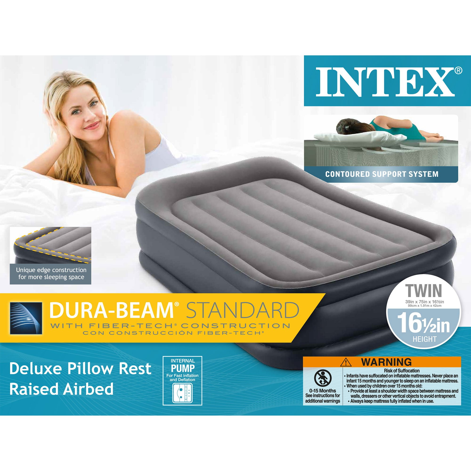 Intex Queen and Twin Elevated Pillow Rest Air Mattress Beds - Gray,  Internal Pump, Waterproof, Carrying Case Included in the Air Mattresses  department at