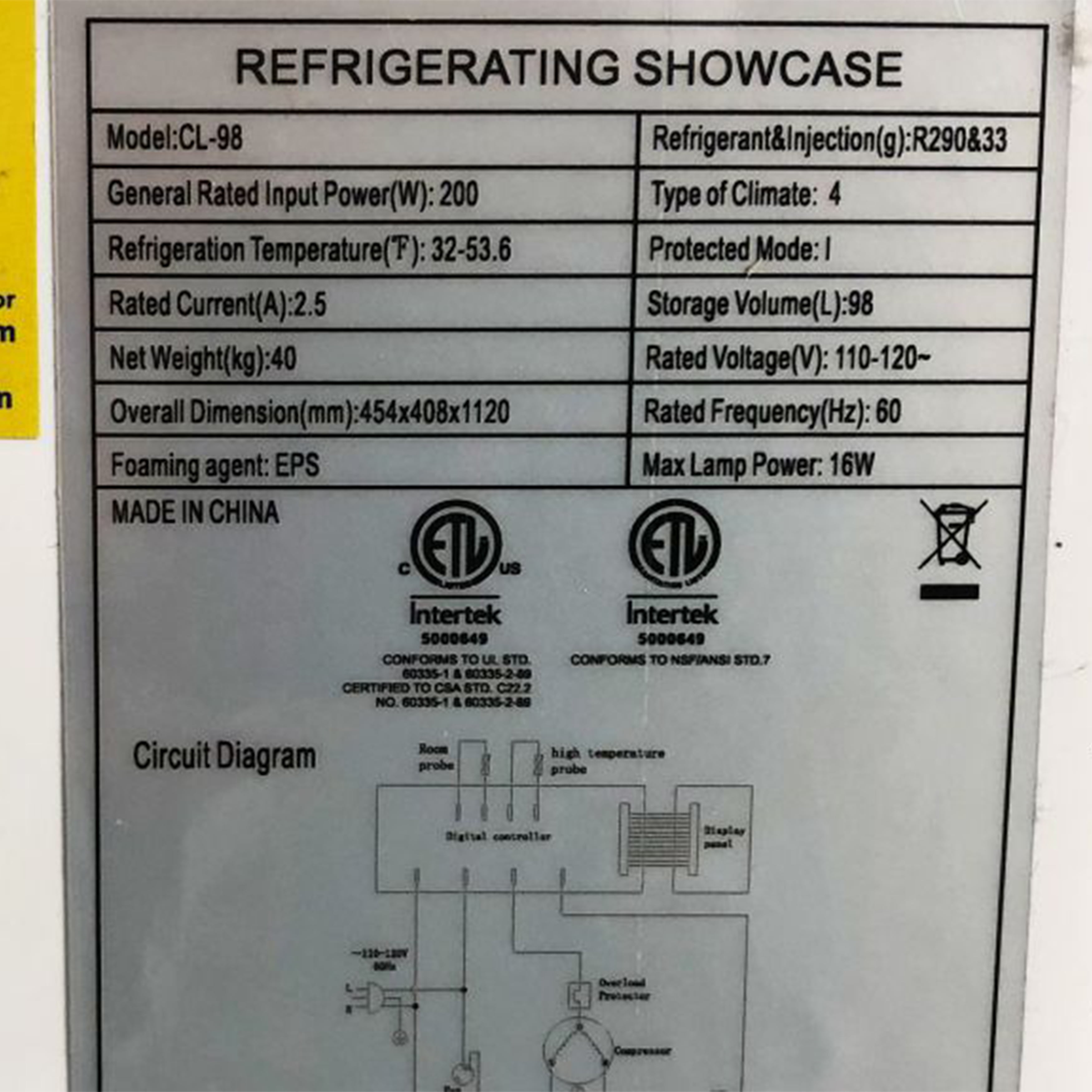 17 in. Commercial Countertop Refrigerator Showcase NSF Beverage Cooler 98L Pie Refrigerator Display Case Refrigerated Cabinet Showcase Defogging Function