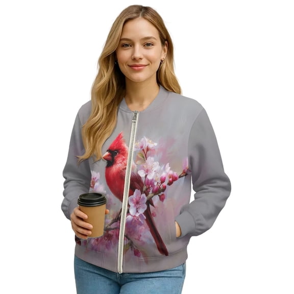 Xoenoiee Women’s Bomber Jackets 2025 Fall Winter Trendy Coats Zip Up Varsity Jacket with Pockets Lightweight Casual Jacket, Cardinal Cherry Blossom, 4X-Large