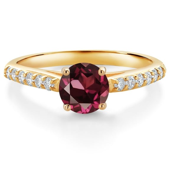 Gem Stone King 10K Yellow Gold Red Rhodolite Garnet and White Lab Grown Diamond Engagement Ring for Women (1.18 Cttw, Gemstone January Birthstone, Round 6MM, Size 5)