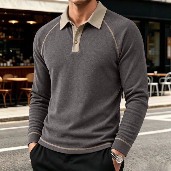 Mens Long Sleeve Polo Shirts Fashion Casual Raglan Button Polo Tee Collared Golf Shirt S