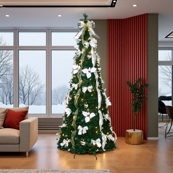 70" Holiday Pop-Up Tree, 6ft Pre-Lit Pre-Decorated Artificial Christmas Tree with 200 Lights & Bows