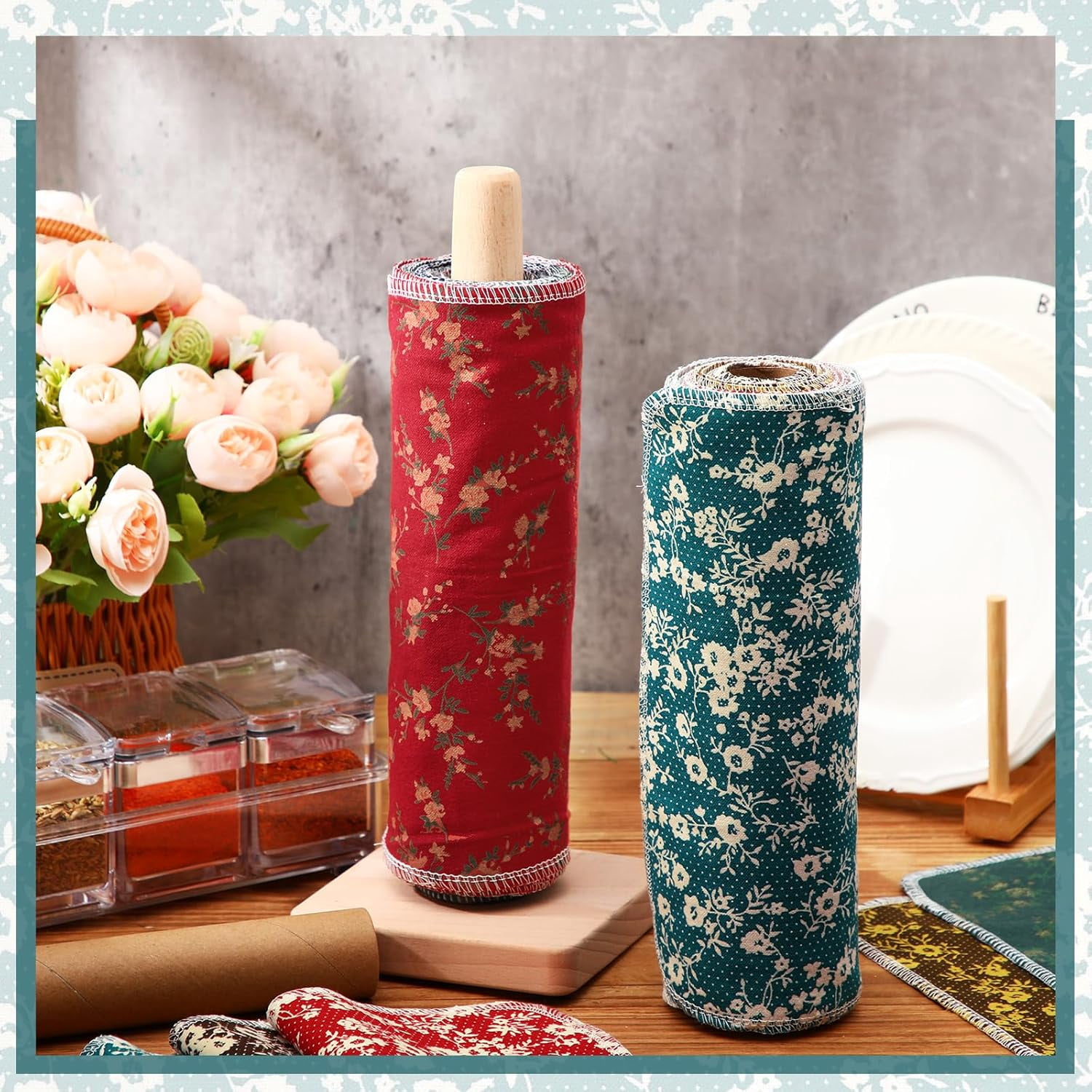 50 Pcs Reusable Paper Towels Paperless Reusable Cotton Cloths Toilet Absorbent Washable Paper Towels with Roll Kitchen Dishcloth for Kitchen Paperless Dishcloths(Floral)