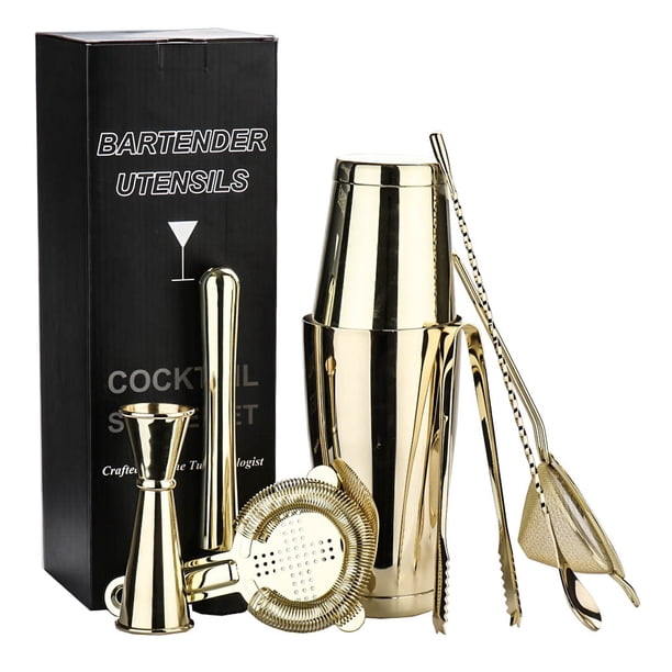 Juego de coctelería de 8 piezas, incluye coctelera, mortero, cuchara de bar y tapones para vino. dorado