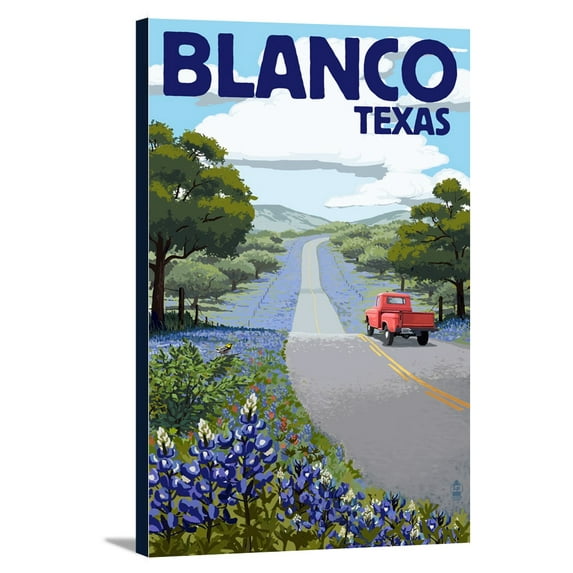 Blanco, Texas - Bluebonnets & Highway - Lantern Press Artwork (12x18 Gallery Wrapped Stretched Canvas)