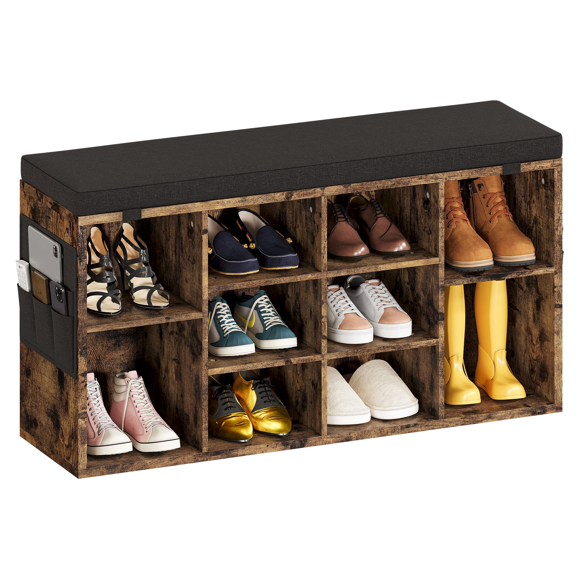 Accreate 41 Inch Shoe Storage Bench with Cushion and Side Pocket – 10 Cubbies Shoe Rack with Adjustable Shelves, Retro color