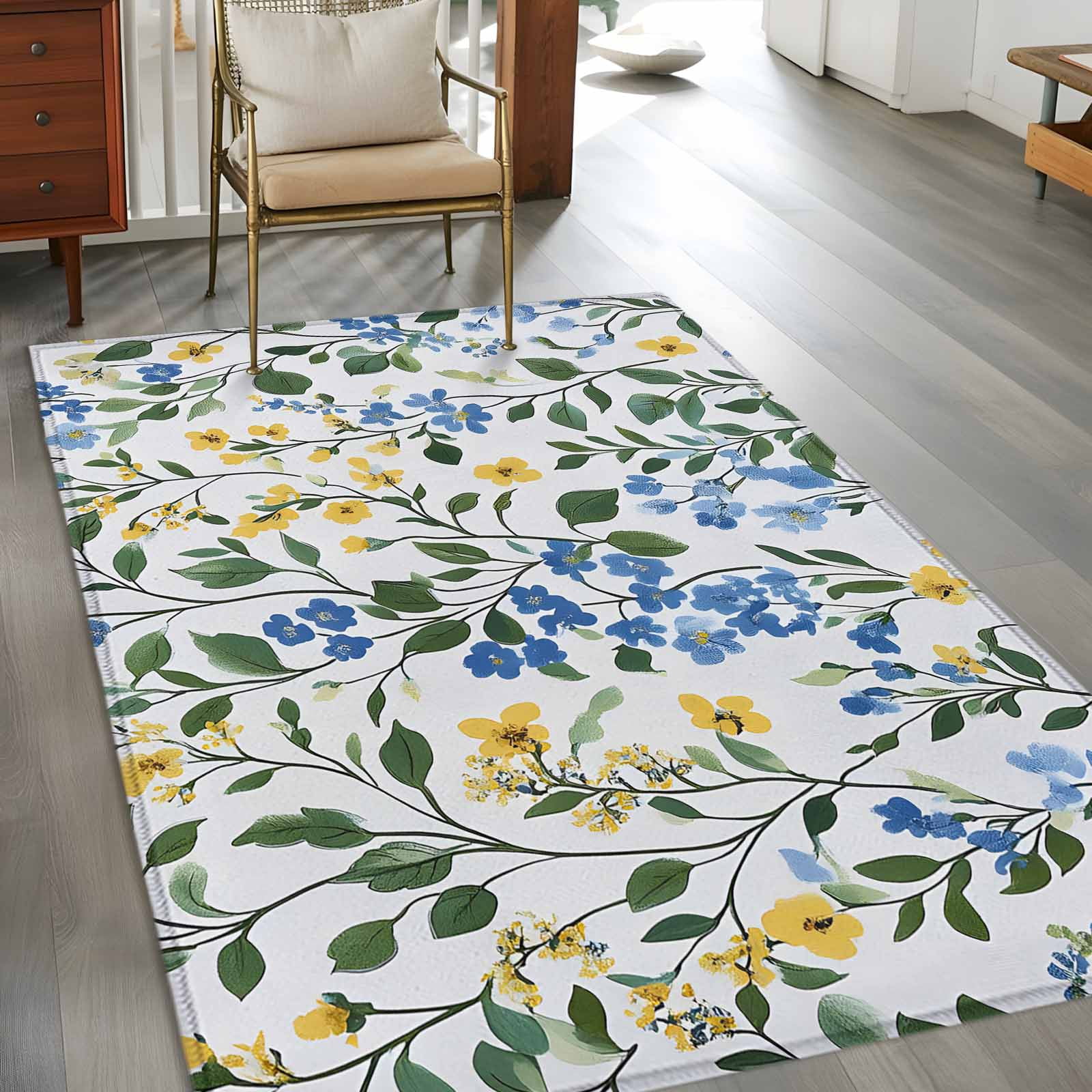 4'x6' Area Rugs, Blue Yellow Floral Spring Indoor Outdoor Area Rug for Living Room Bedroom, Green Pastoral Summer Botanical Washable Bathroom Rugs Kitchen Floor Carpet Mats Home Decor Aesthetic