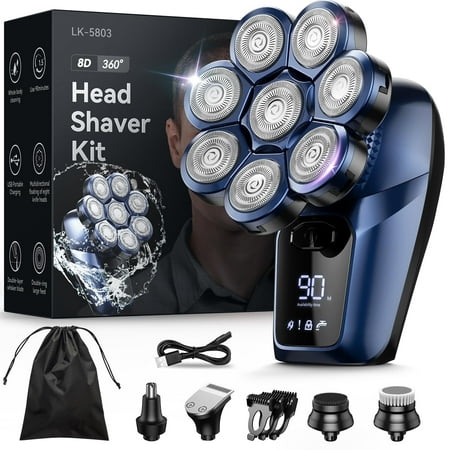 8D Head Shavers for Bald Men, Upgraded Men's Rotary Shaver with Nose Hair Trimmer, Waterproof Electric Razor Grooming Kit with LED Display, Cordless, Portable