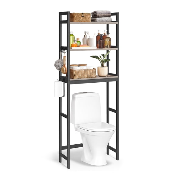 SONGMICS Estantería sobre el Inodoro, Organizador de Baño de 3 Niveles sobre el Inodoro con Estantes Ajustables, Estantería de Baño Multifuncional, Greige y Negro