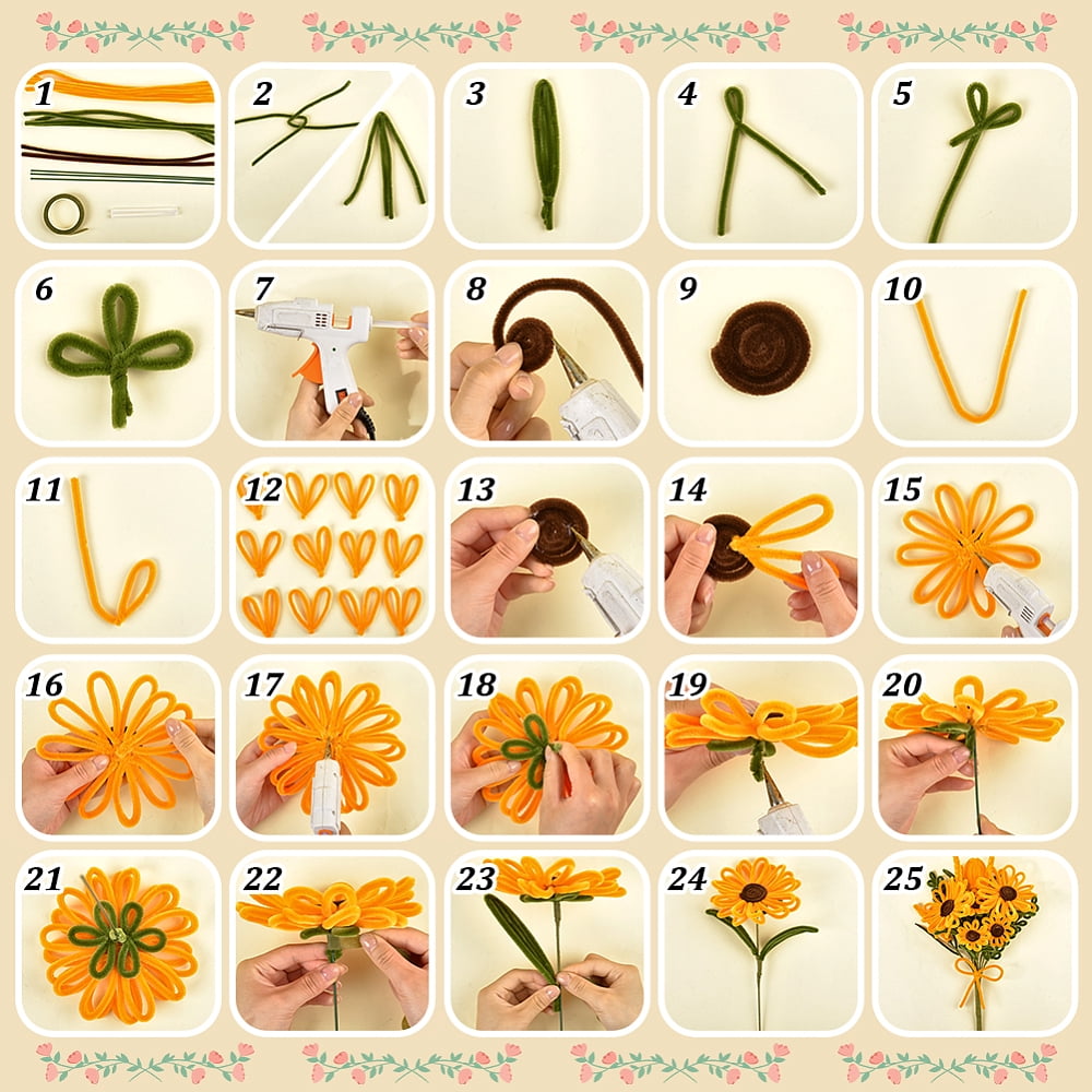 300Pcs DIY Plush Sticks with Paper Floral Adhesive Tape for Bouquet Stem Wrap 30Pcs Plastic with Iron Floral Stem 5Pcs Hot Melt Plastic Glue Sticks