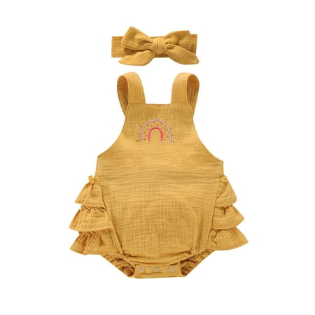 

Kiapeise Baby Girls Cartoon Embroidery Strap Ruffle Romper with Headband
