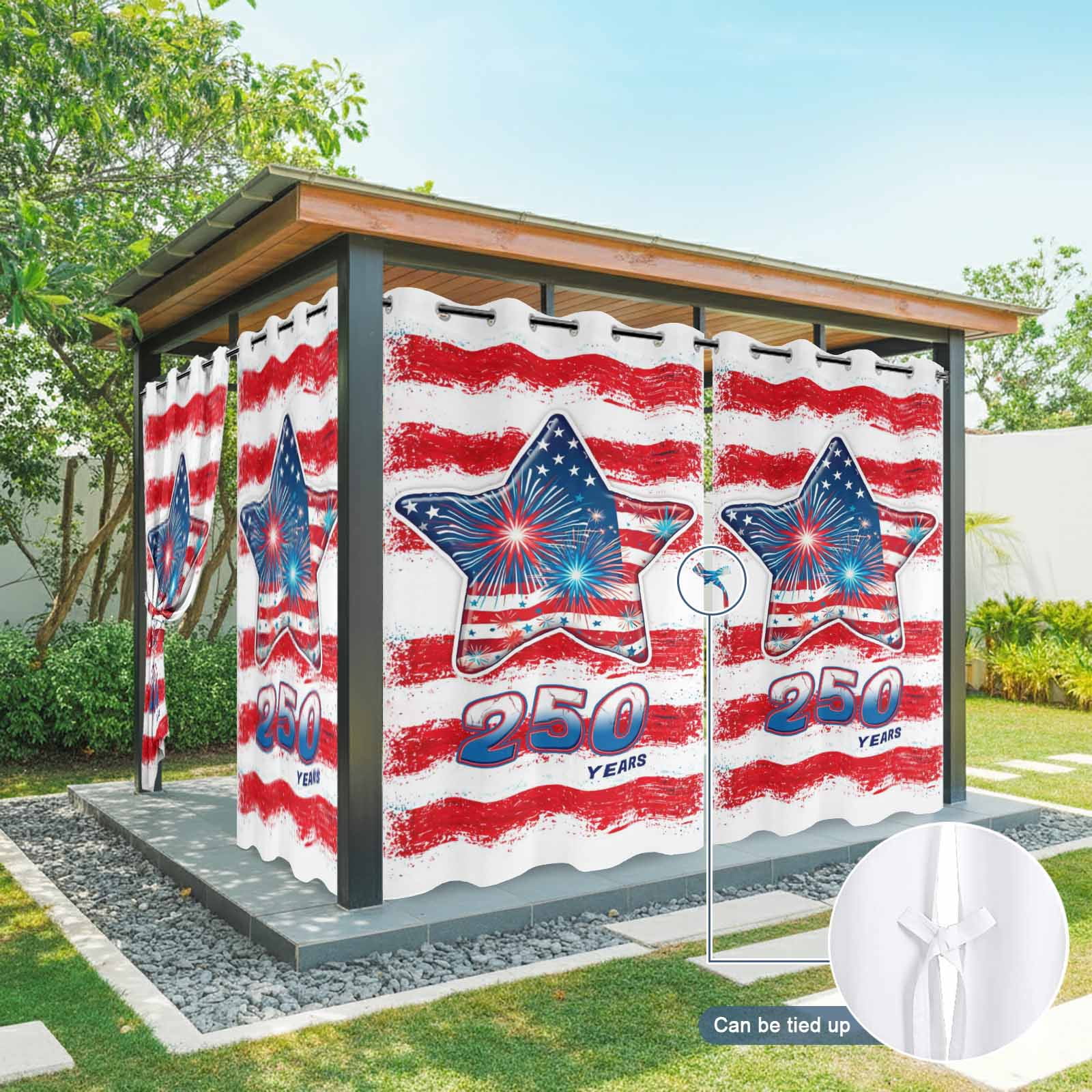 250 Anniversary Outdoor Curtains for Patio, American Flag Fireworks Star Red Strip Sunshade Privacy Drapes Grommet Waterproof Outside Curtains for Porch/Cabana/Balcony 54"x 108", 1 Panel