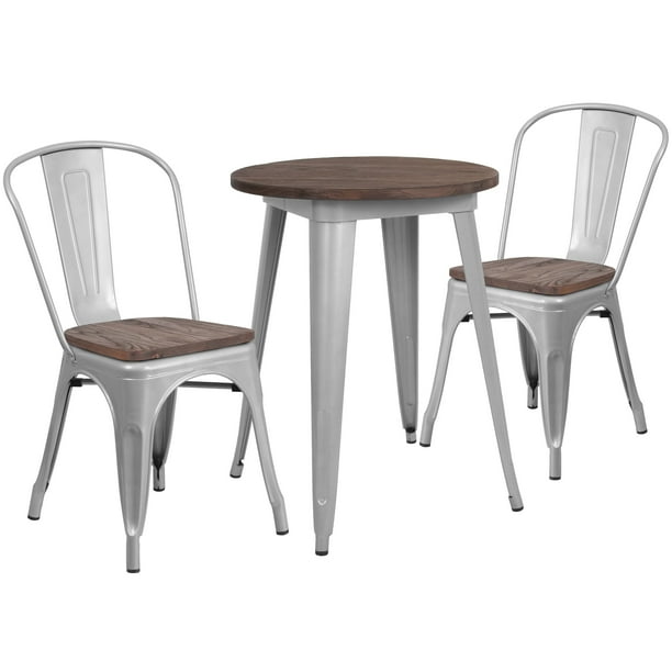 Lancaster Home 24 Round Metal Table Set With Wood Top And 2 Stack Chairs Silver Com 24 Round Metal Table Set With Wood Top, Round Metal Table And Chairs