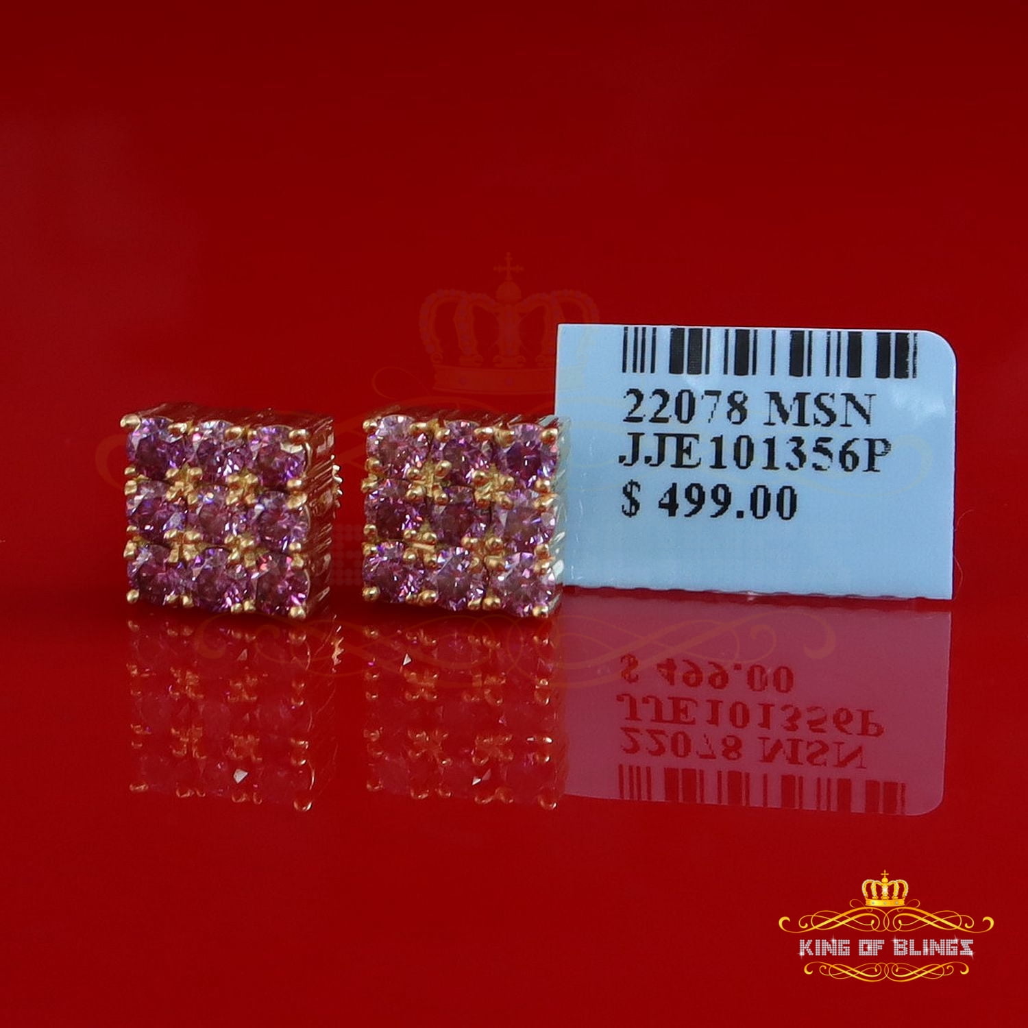 King of Bling's 925 Silver Yellow 2.25ct VVS D Pink Moissanite Men/Women's Square Stud Earrings