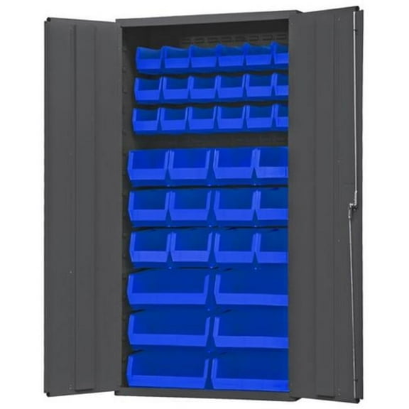 Durham 3602-BLP-36-5295 14 Gauge Flush Door Style Lockable Cabinet with 36 Blue Hook on Bins, Gray - 36 in.