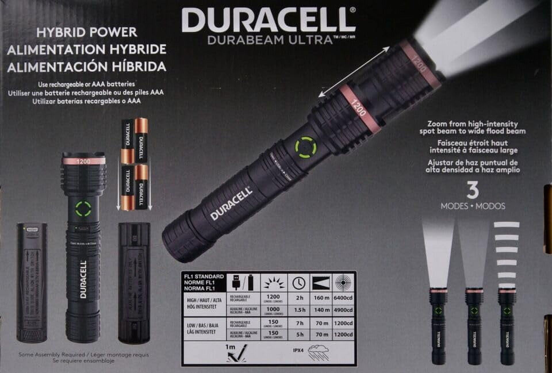 Duracell Durabeam Ultra Hybrid LED Flashlights, 1200 Lumens, Set of 3, with Rechargeable and AAA Alkaline Batteries