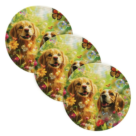 BZSMCE Mats for Pots,Pans Place Dogs with Flowers and Butterflies Simple Style Pattern Pot Mats