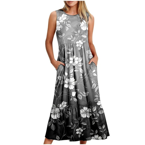 Mceream Semi formal Dresses for Women Black Plus Size Beach Casual Sleeveless Dresses Crew Neck Maxi Dress Casual Floral Print Dresses Casual Party Work Dress Vestidos Para Mujer