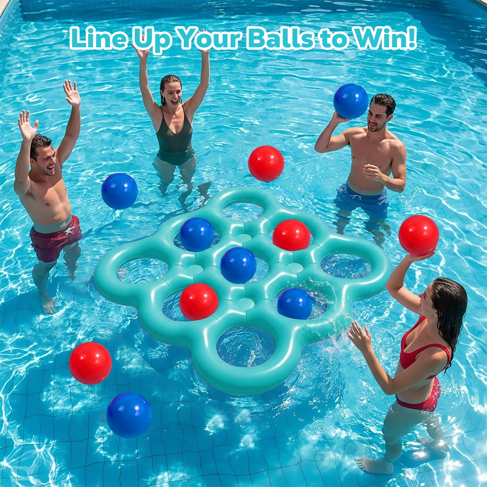 MoKo Pool Toys Games Set Tic-Tac-Toe Inflatable Pool Toy with 10 Balls - for Adults Teens Kids 2-10 Players, Lake Blue