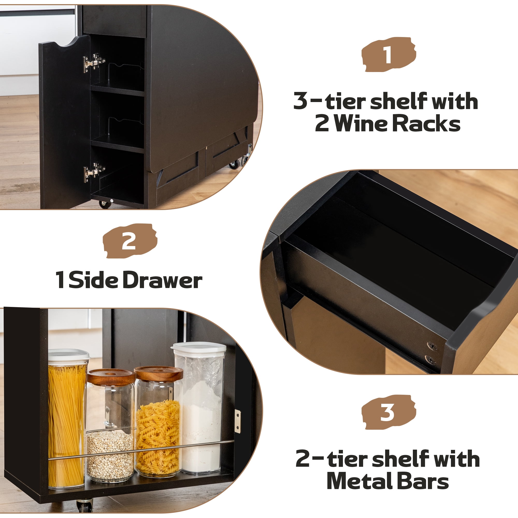 Spanspace Folding Dining Table, Drop Leaf Kitchen Table with Extra Large 53" × 31.5" Tabletop, 6 Wheels & Storage Shelf, Space Saving for Small Spaces, Black