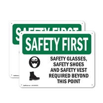 (2 Pack) Safety Glasses Safety Shoes With Symbol OSHA Safety First Sign 10 Inch X 7 Inch Indoor / Outdoor Rust-Free Aluminum Metal Signs for Workplace, Workshop, and Construction Site,