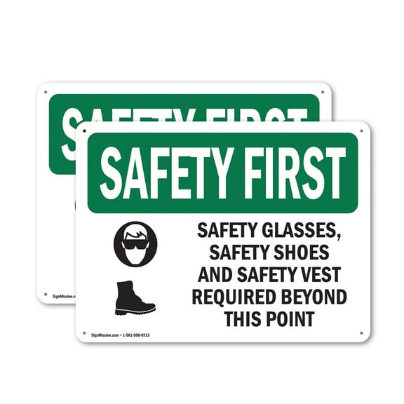 (2 Pack) Safety Glasses Safety Shoes With Symbol OSHA Safety First Sign 10 Inch X 7 Inch Plastic Sign, Weather Resistant, UV Protected for Workplace, Business, and Construction Site,