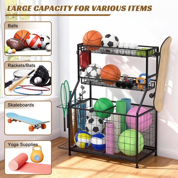 Heavy Duty 3-Tier Sports Equipment Organizer With 5 Removable Baskets, 30kg Capacity & Locking Wheels For Garage, Gym, School Storage