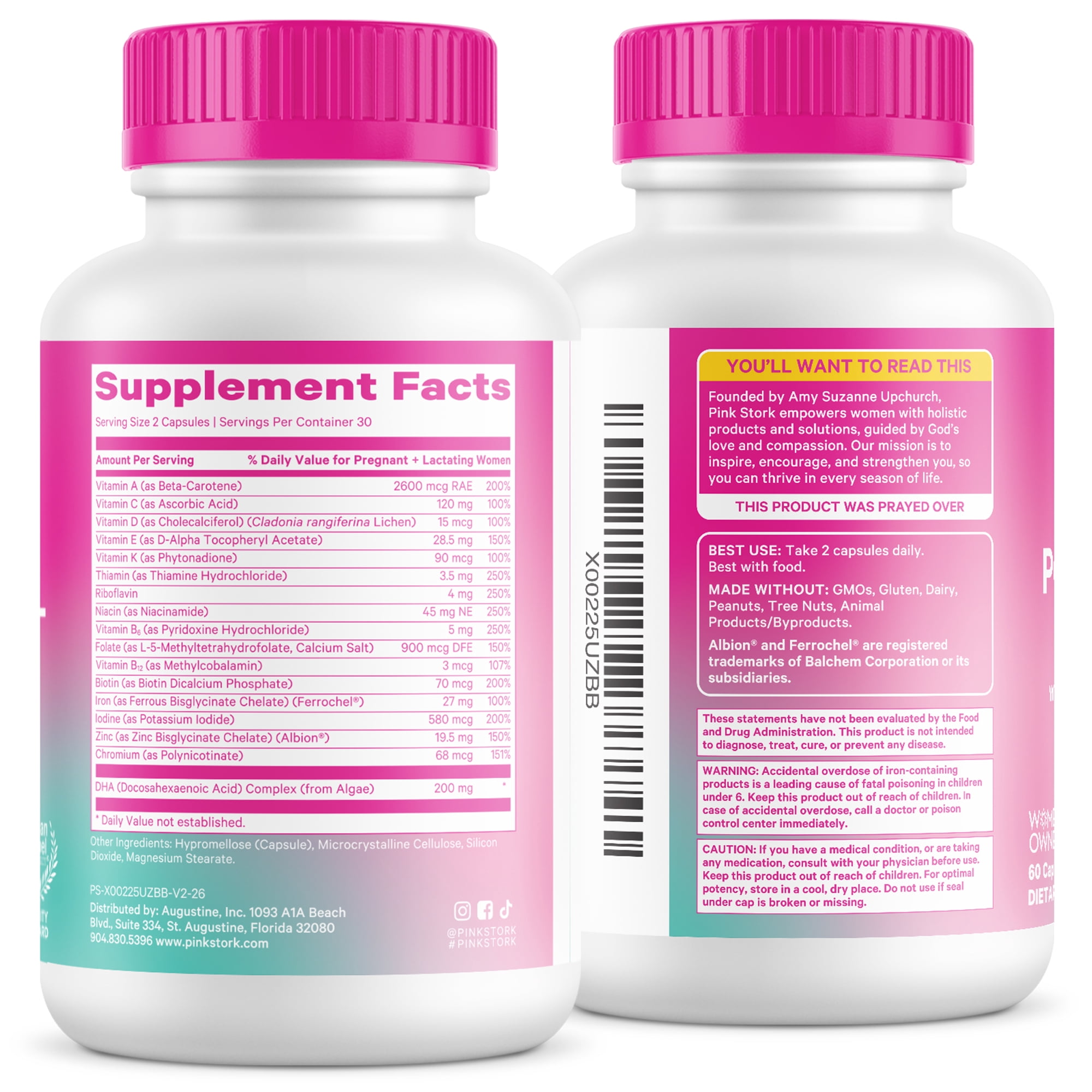 Pink Stork Postnatal Multivitamin for Breastfeeding Moms, 60ct - Vegan Algae DHA, Iron, Folate, and Vitamin B12, No Fishy Burps, Berry Scented