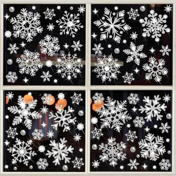 Glitter Snowflake Window Stickers for Christmas Window Decoration,147PCS Christmas Sparkling Snowflake Window Clings Winter Wonderland Decorations for Home Christmas Party
