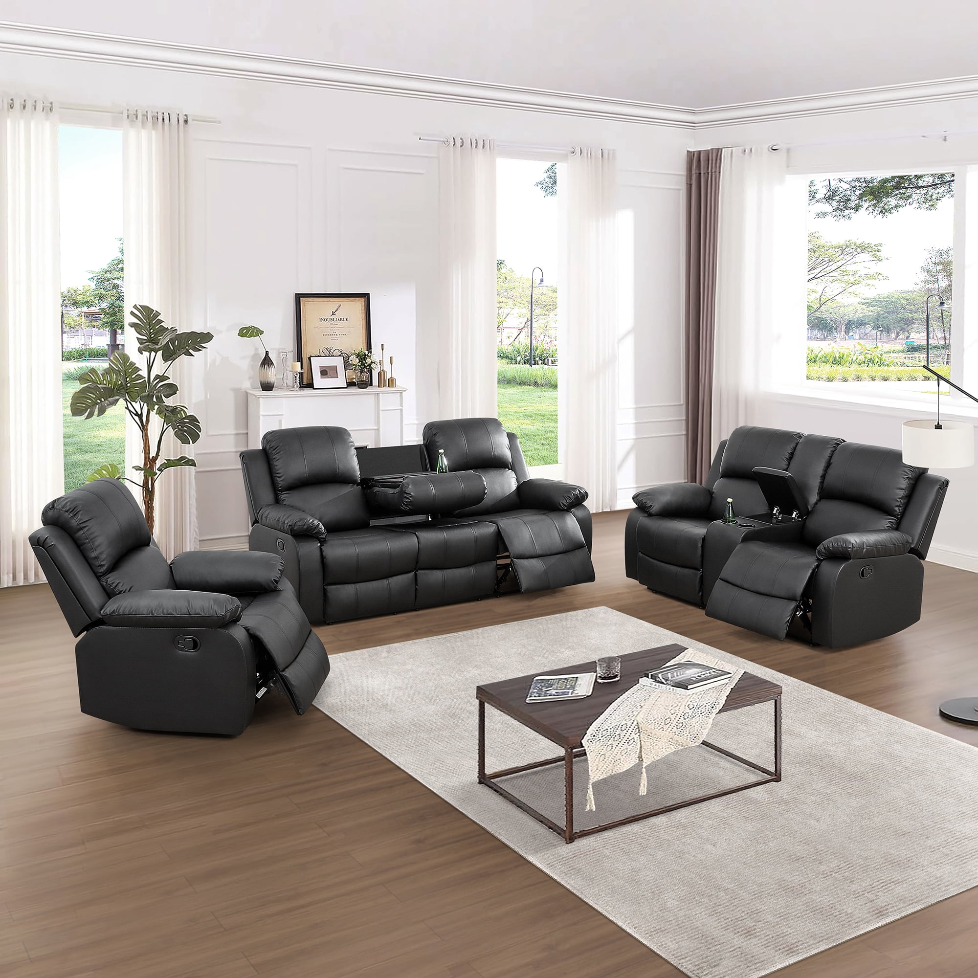Gewnee 3-Seat Sofa and Recliner with Console and Cup Holders, Air Leather and High-Elasticity Sponge, Adjustable Reclining Angle, Ideal for Living Room, Black