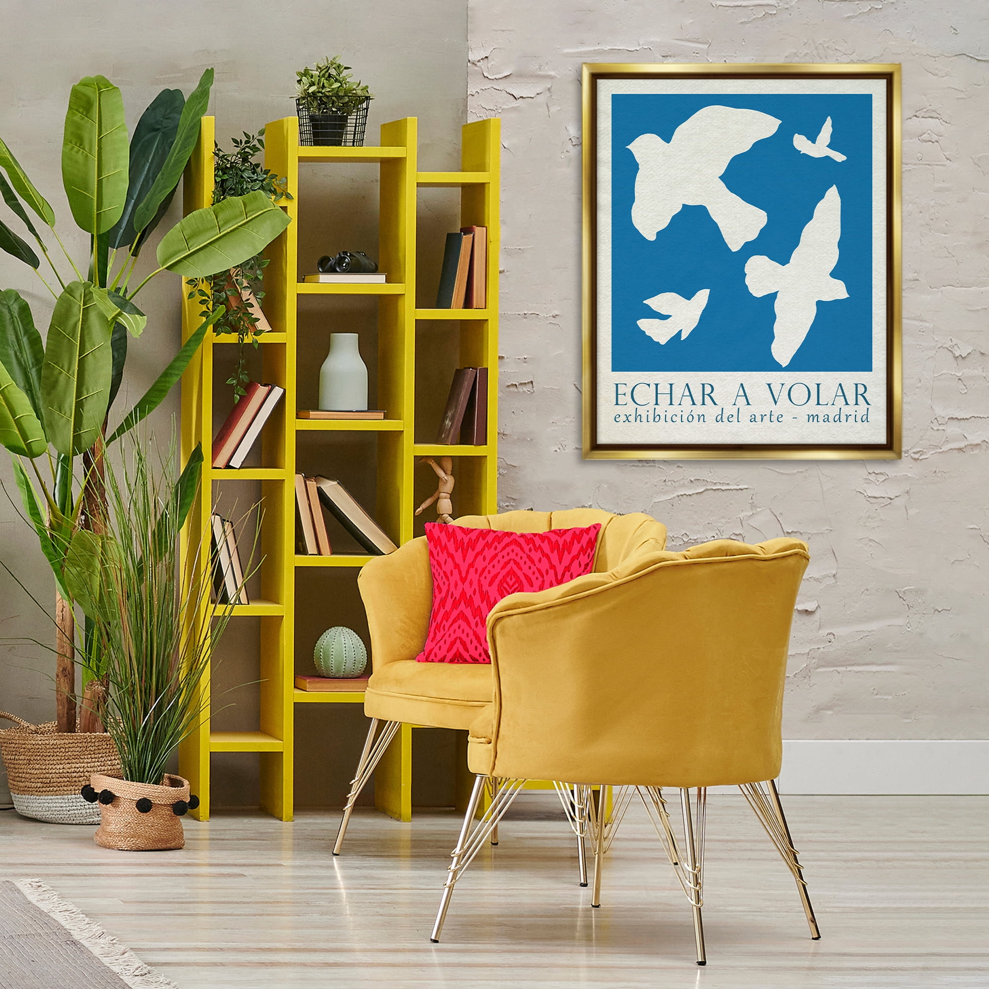 Stupell Industries Classic Exhibition Blue Birds Typography Painting Gold Floater Framed Canvas Art Print Wall Art, 25 x 31