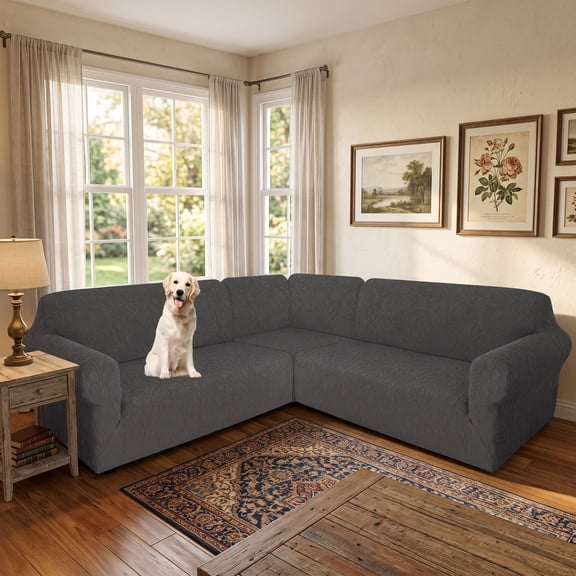 SHANNA Stretch Jacquard L Shape Sofa Slipcovers, 7 Seater Sectional Corner Sofa Covers 3-Piece Anti-Slip Furniture Protector for Living Room, Dark Gray