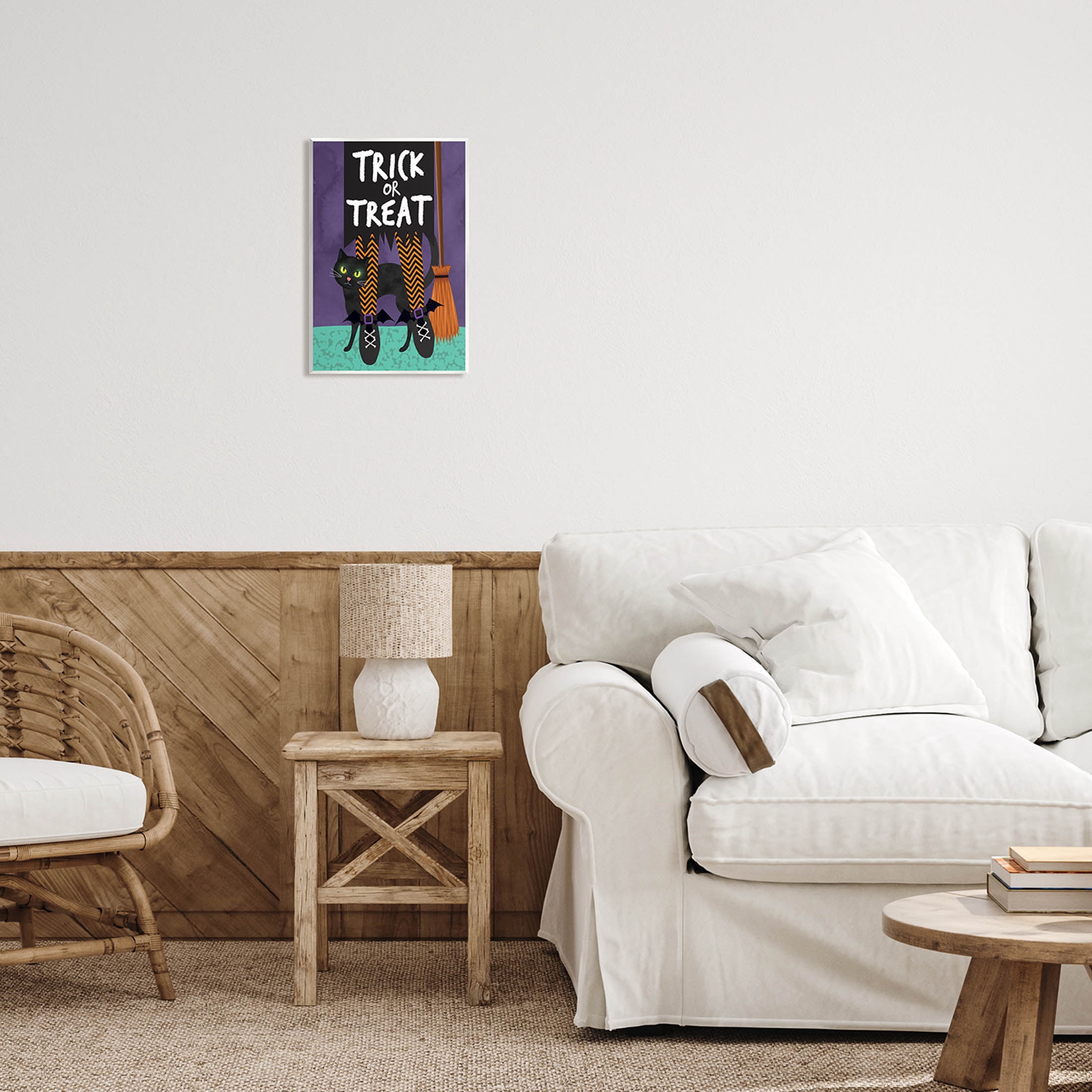 Stupell Industries Trick or Treat Cat & Witch Graphic Art Unframed Art Print Wall Art, Design by Linda Birtel