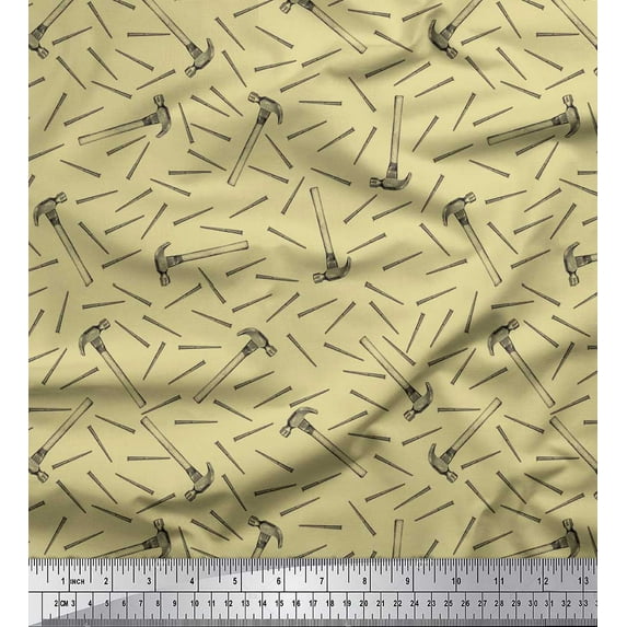Soimoi Beige Moss Georgette Fabric Hammer & Nail Hardware Printed Fabric 1 Yard 42 Inch Wide