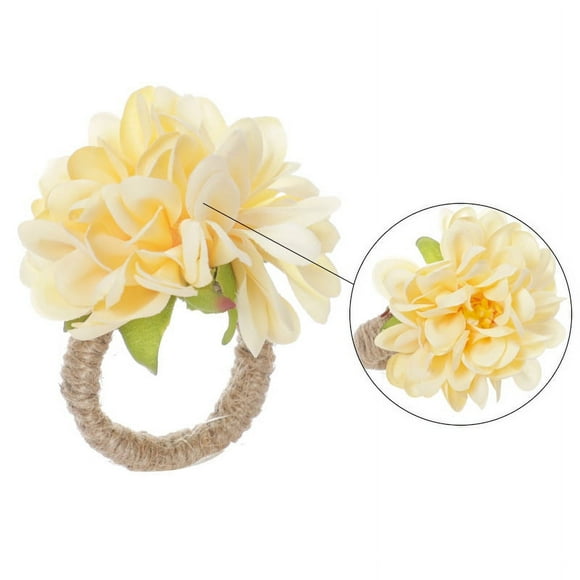 Granjero Gordo Juego de 6 servilleteros con flores artificiales, porta anillos de flores artificiales de crisantemo hechos a mano, diámetro de 1,77 pulgadas, color champán
