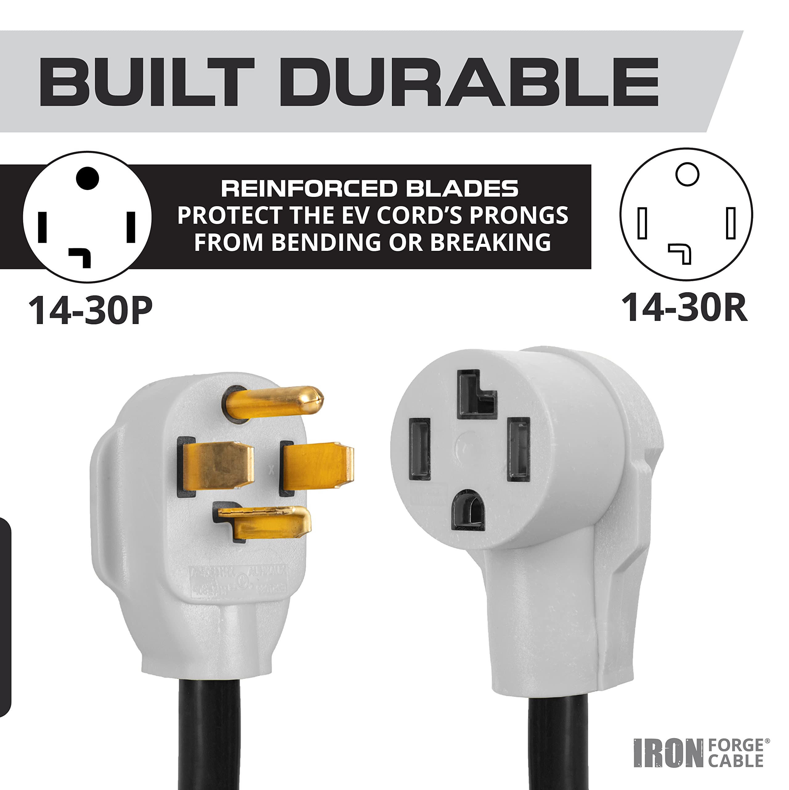 Iron Forge Cable 15 Ft Dryer/EV Extension Cord - 14-30P to 14-30R Black STW 10 Gauge Cable, 30 Amp Heavy Duty for EV Charging and RV Trailer Campers.