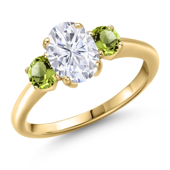 Gem Stone King 10K Yellow Gold White Moissanite and Green Peridot Engagement Ring for Women | 2.10 Cttw | Oval 8X6MM | Gemstone Birthstone | Size 6