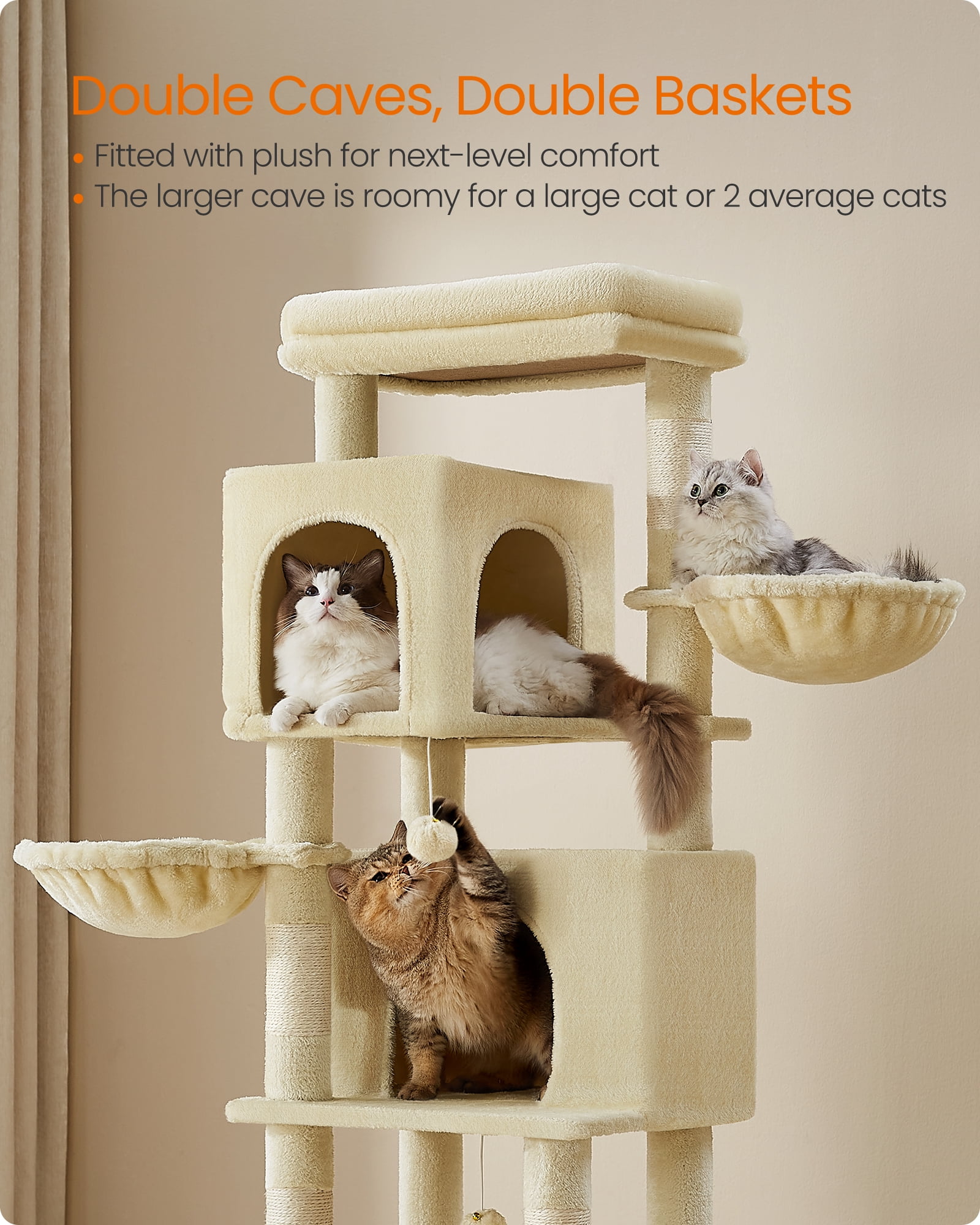 69 Inch Tall Cat Tree Tower for Indoor Cats, Multi-Level Cat Condo with 2 Caves, 2 Baskets, 5 Scratching Posts, Self-Groomer, Perch, and Hammock, Beige