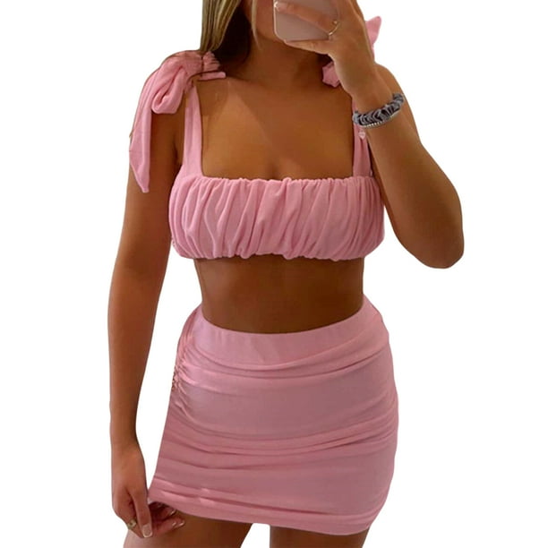 VISgogo, traje de falda para mujer, Color sólido, plisado, correa de doble cara, chaleco ajustado con tirantes + falda de cintura alta, conjunto sencillo de dos piezas VISgogo moda