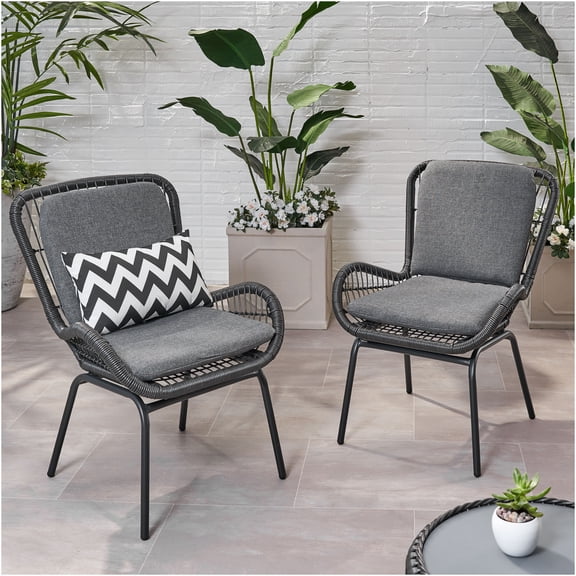 JERFIT 2-Pack Patio Chairs with Cushions, Outdoor Wicker Lounge Chairs with Iron Frame, Water-Resistant Grey Seating Set for Garden, Poolside, Backyard