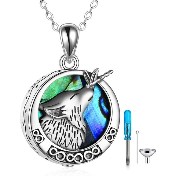 JUSORA Wolf Urn Necklaces for Ashes Sterling Silver Abalone Shell Wolf Cremation Jewelry for Ashes with Dragonfly Urn Keepsake Memorial Jewelry for Women Men