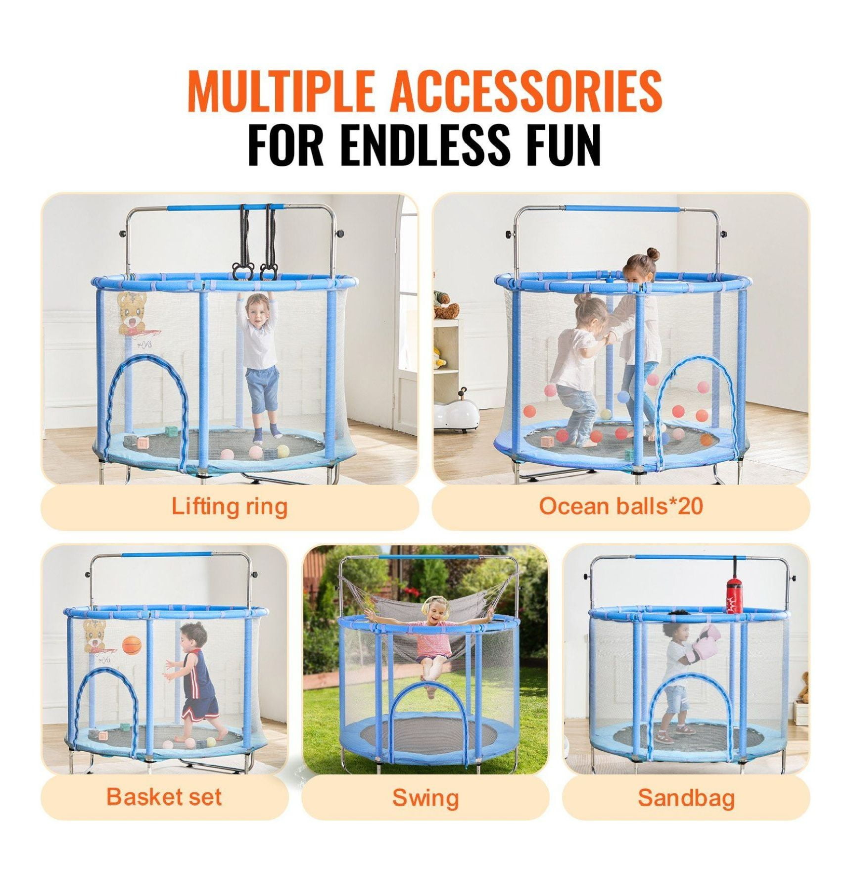 55" Kids Trampoline with Net & Enclosure - Mini Toddler Trampoline for Indoor Outdoor Use, Adjustable Height, Basketball Hoop & Swing - for Ages 3-12