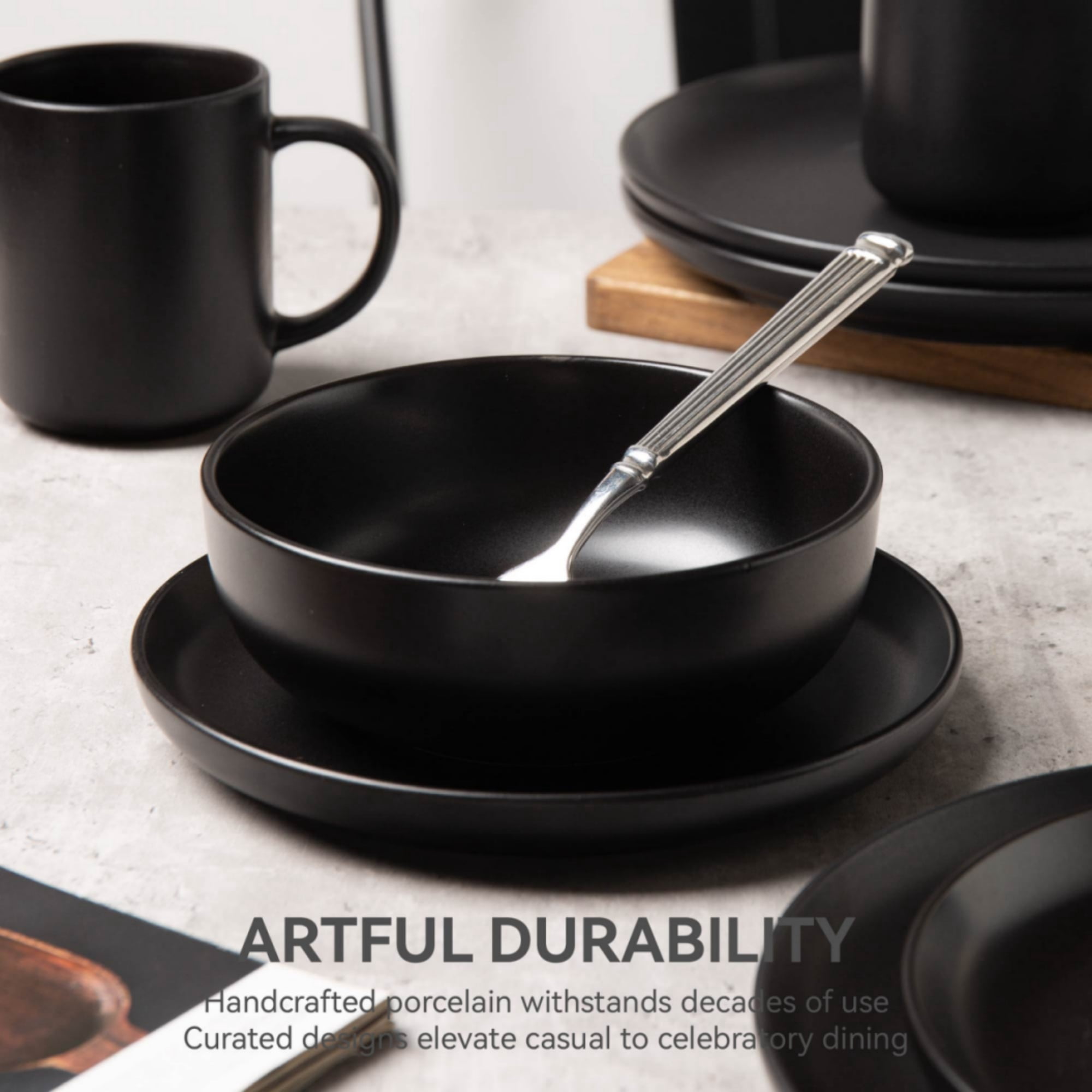 GARITIN 12-Piece Stoneware Dinner Plates Salad Plates Cereal Bowls Set, Microwave Dishwasher Safe Chip Resistant Stackable Matte Glaze Kitchenware Service for 4 Family Dining, Black