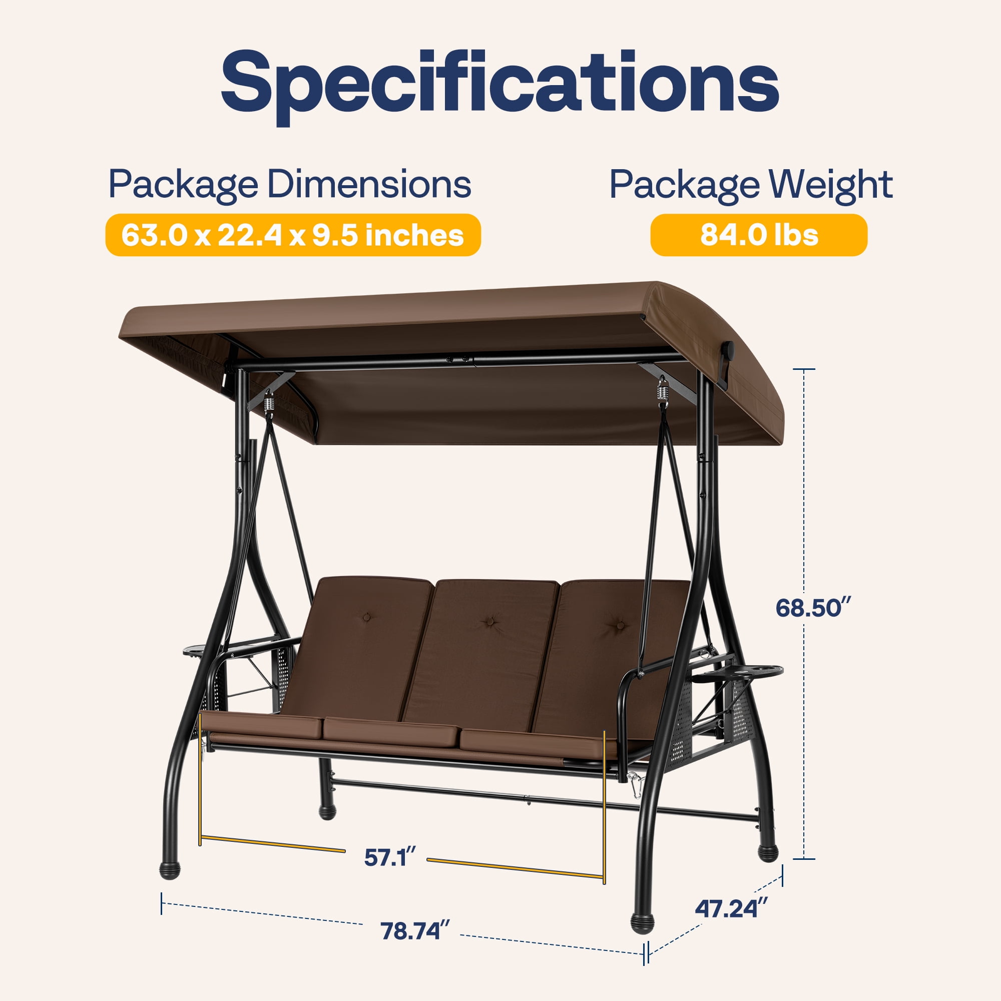 VIVOHOME Outdoor Converting Swing Chair 3-Seat with Canopy, Outdoor Porch Swing Chair with Stand - Brown