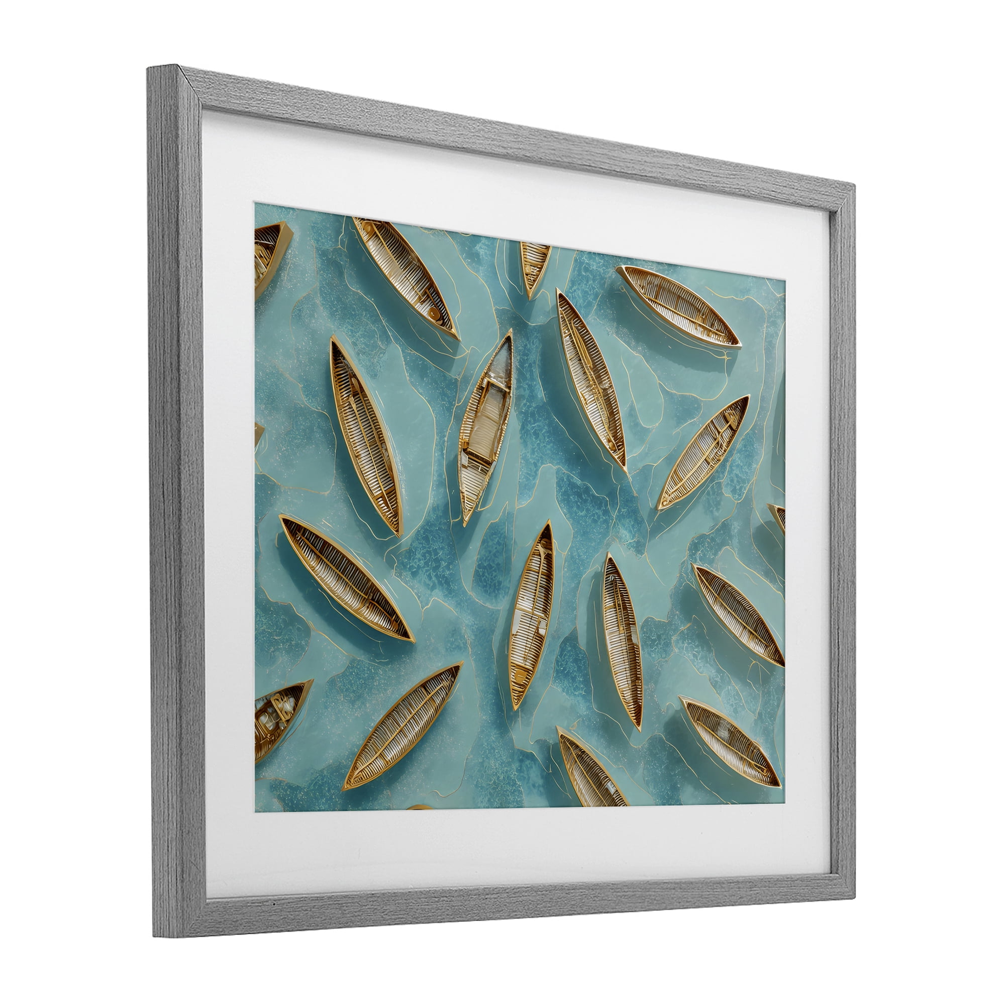 Harmonious Canoes on Water Gray Framed Print Under Glass, design by Franklyn Gregory