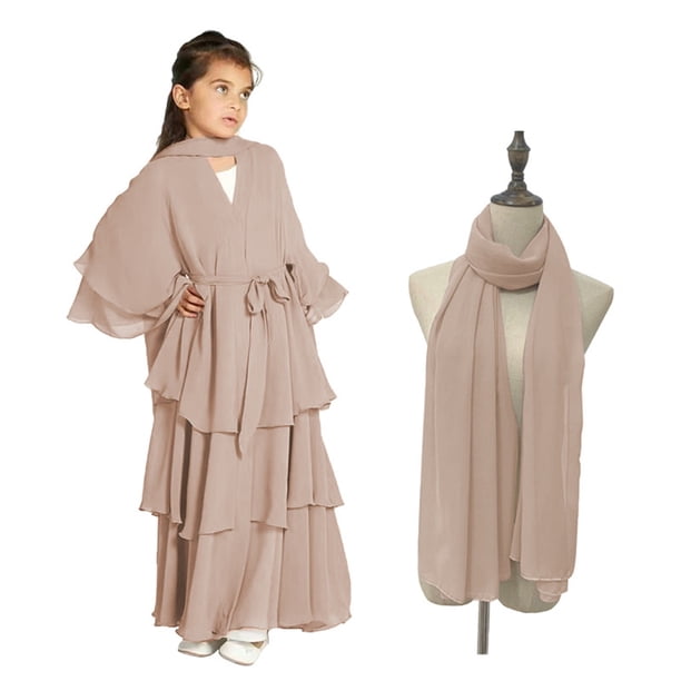 Traje de falda para niños y niñas, Festival musulmán de Ramadán, color sólido, manga larga, cuello en V, vestido flotante de gasa de tres capas, ropa para niños, vestido elegante, vestido de poliéster