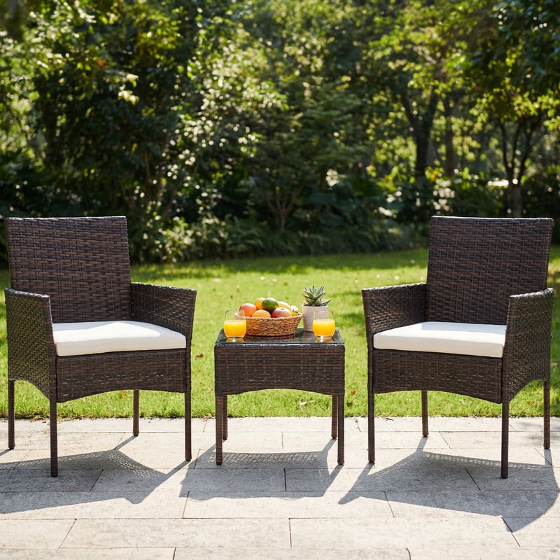 Gianna 3-Piece Patio Furniture Set, Outdoor Wicker Rattan Chairs with Removable Cushion & Glass Table, Conversation Furniture for Porch, Garden, Backyard, Poolside - Brown