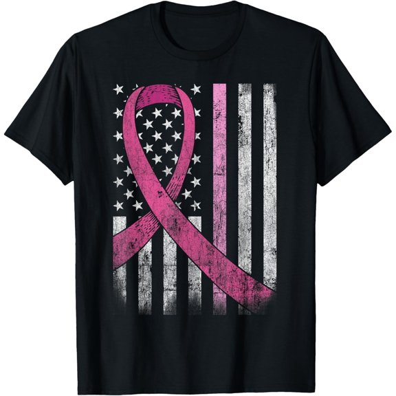 men and women can wear，Breast Cancer Awareness American Flag Pink Ribbon T-Shirt