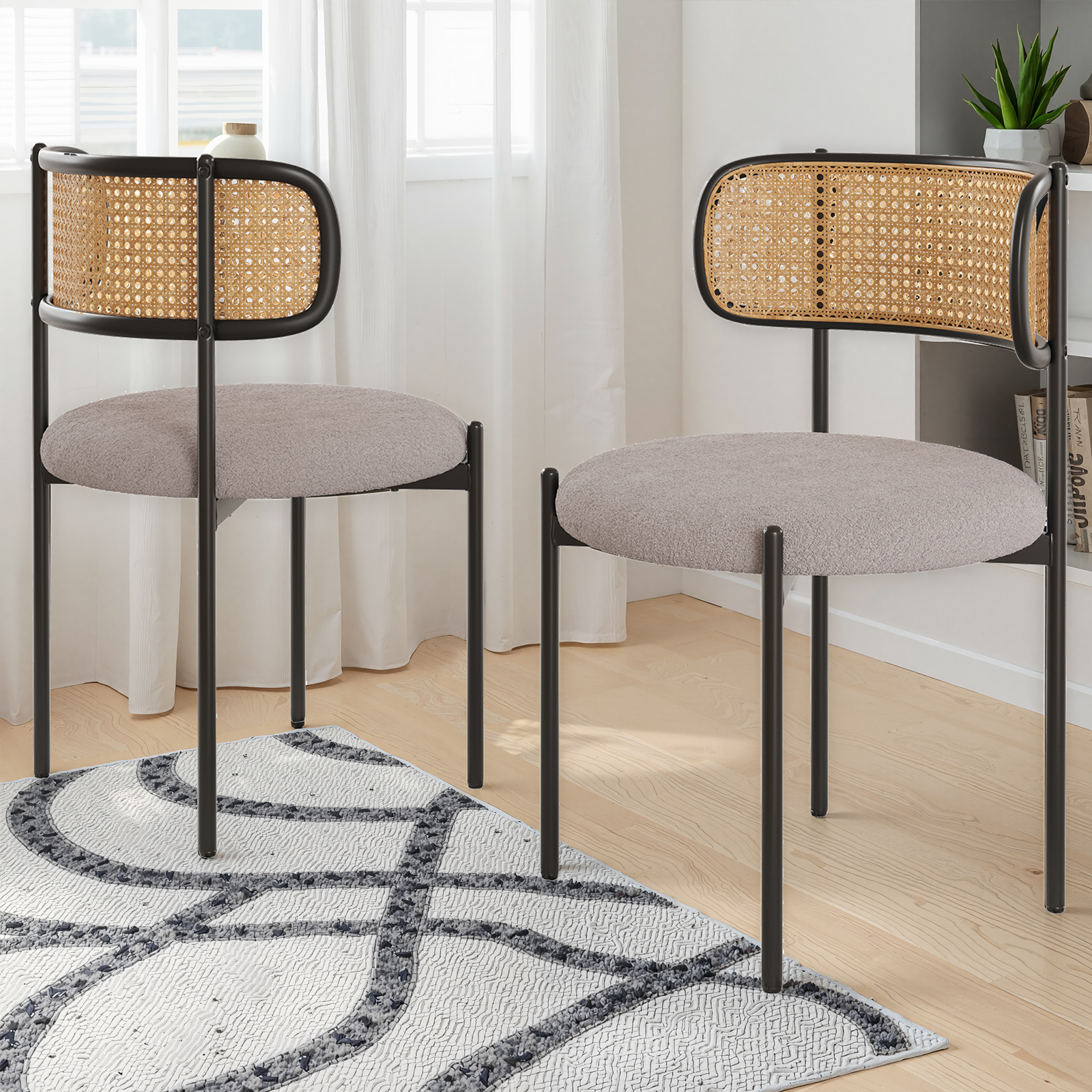 MAYEERTY 4-Pack Light Gray Modern Upholstered Dining Chairs, Rattan Back, Metal Legs, Kitchen Accent